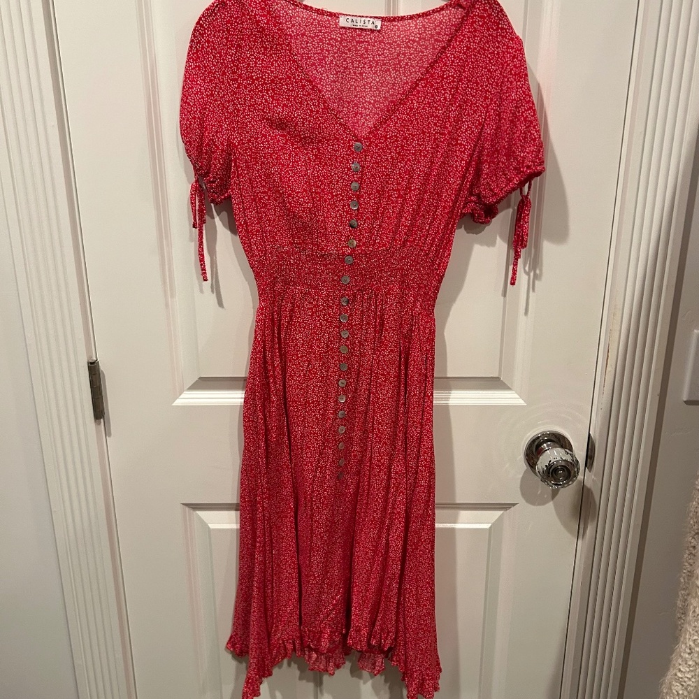 Calista Red Floral Button Front Midi Dress